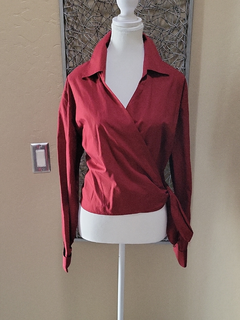 Charter Club Dark Red Wrap-Front Blouse with French Cuffs
